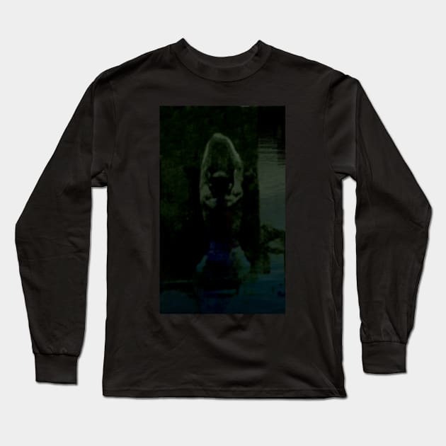 Digital collage, special processing. Strong guy, raised his hands, near big stone. Dark water, mystic. Green and dim. Long Sleeve T-Shirt by 234TeeUser234